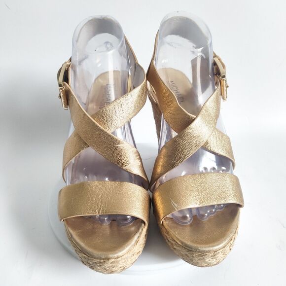 Michael Kors Espadrille Sandals Size 8.5 Platform Gold Leather Giovanna 5" Wedge - Picture 5 of 14